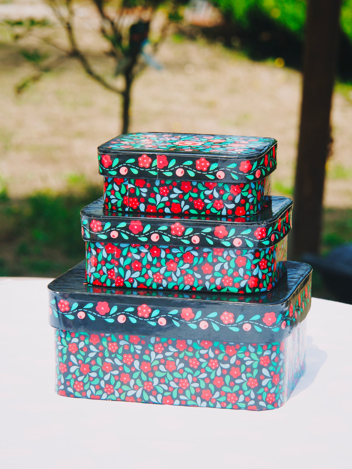 Set de 3 Boîtes de Rangement Gigognes – Motif Floral Folklore