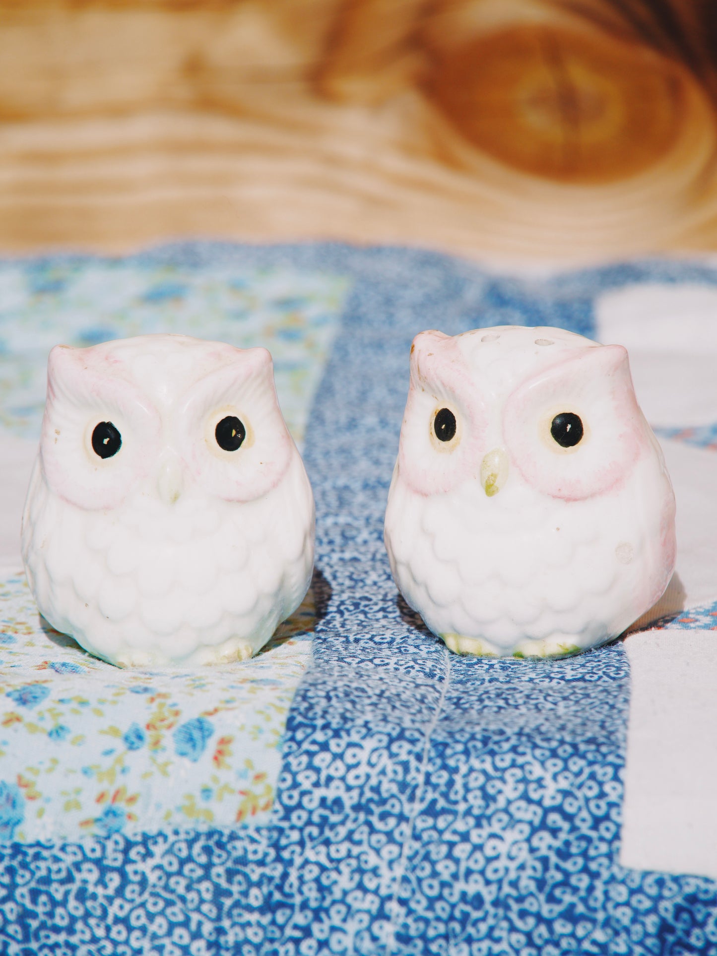 Duo Salière & Poivrière Vintage Chouettes en Céramique Blanc & Rose Pastels — Déco Rétro & Douce