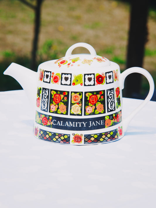 Théière vintage en céramique "Calamity Jane" – Décor floral & graphique rétro