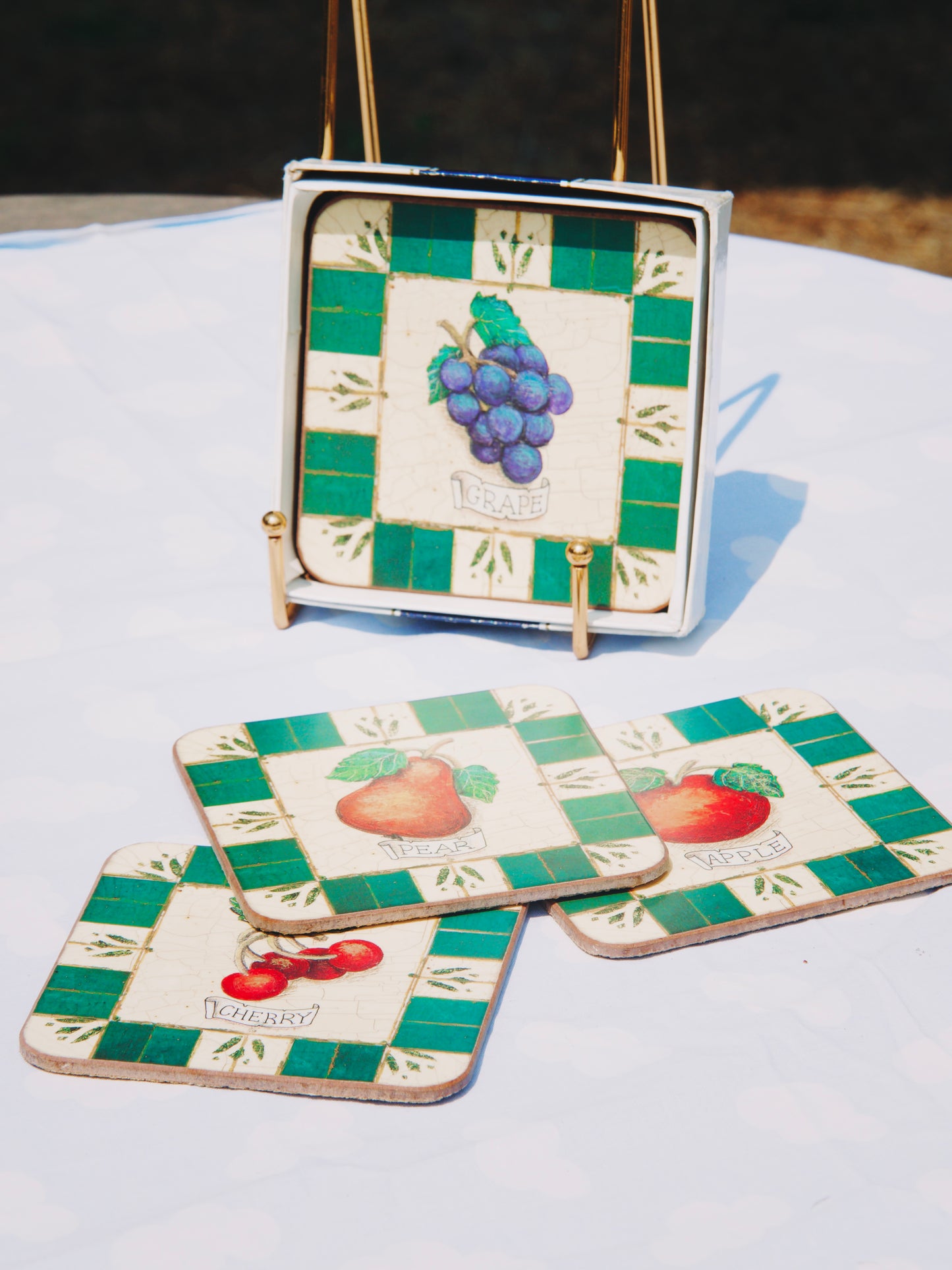 Coffret de sous-verres vintage – Motifs Fruits & bordures carreaux verts (Ensemble de 6)