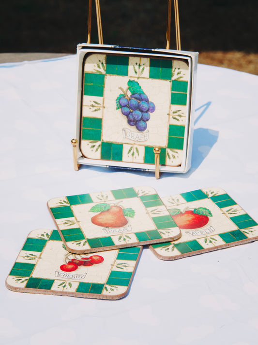 Coffret de sous-verres vintage – Motifs Fruits & bordures carreaux verts (Ensemble de 6)