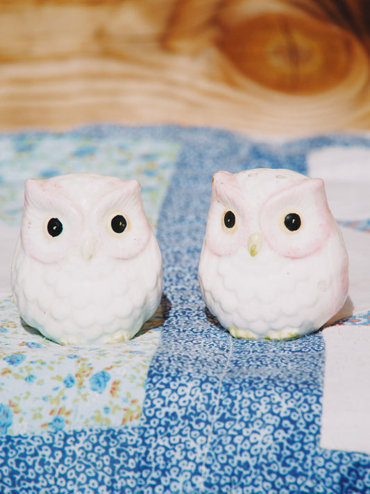 Duo Salière &amp; Poivrière Vintage Chouettes en Céramique Blanc &amp; Rose Pastels — Déco Rétro &amp; Douce