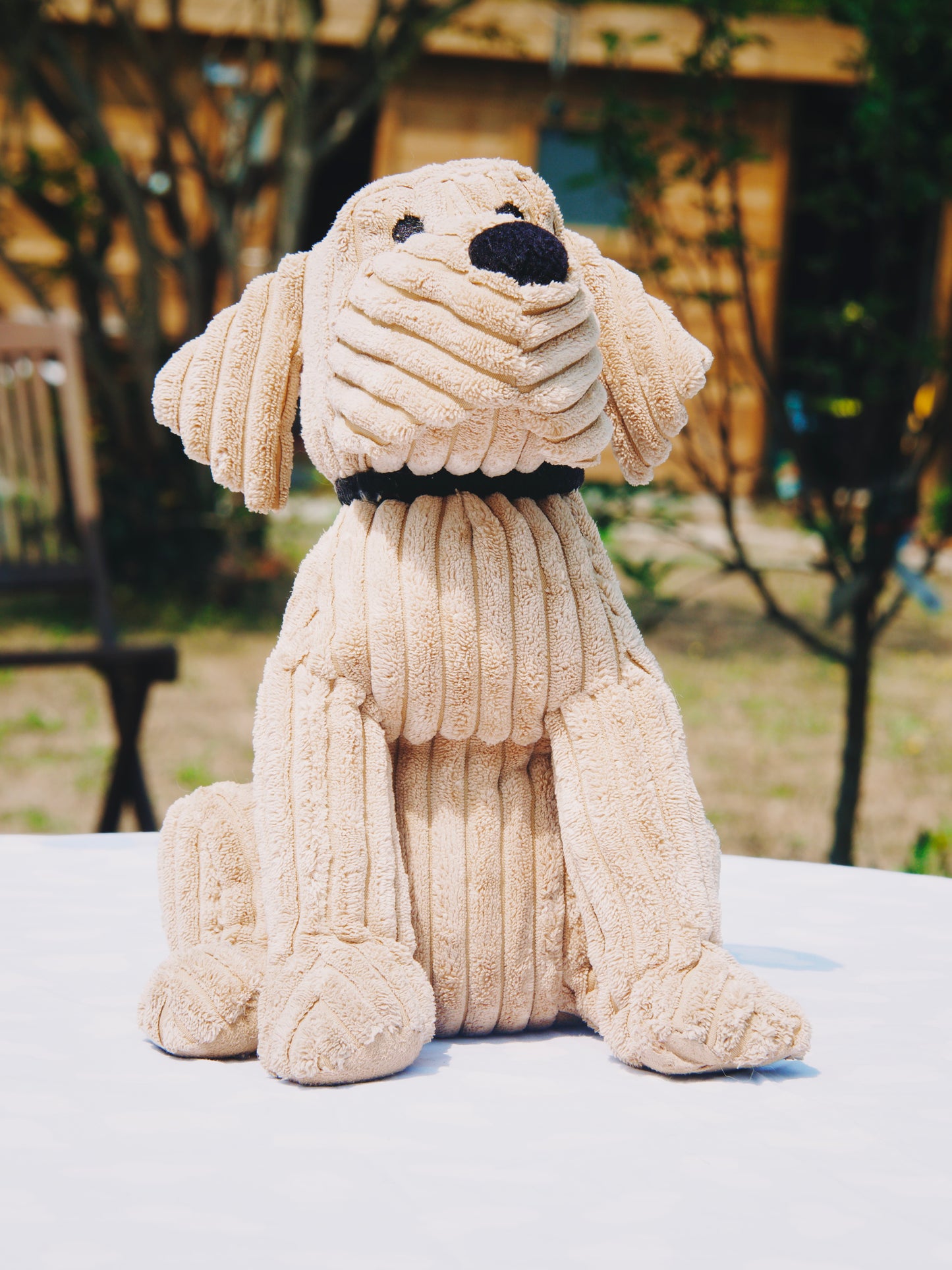 Cale-porte Chien en velours côtelé beige – Peluche lestée décorative