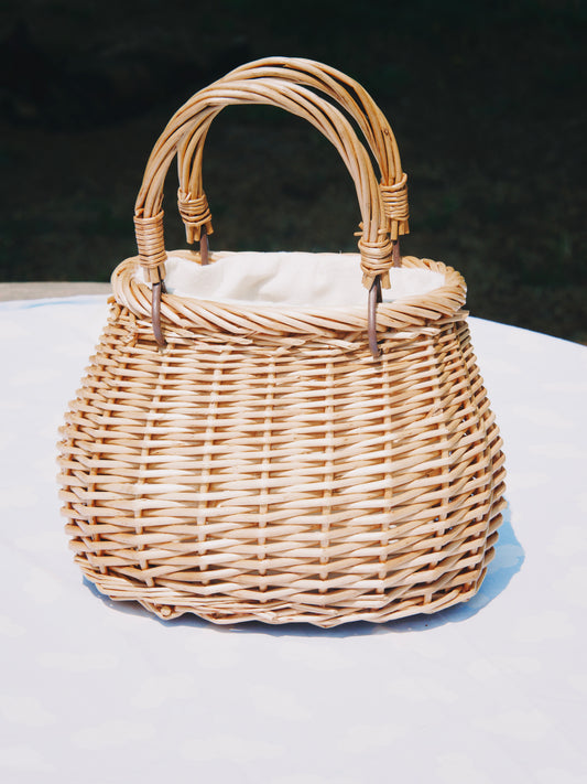 Sac panier rigide en osier tressé – Anses articulées & doublure en tissu écru